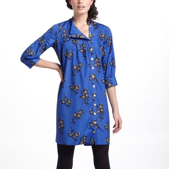 Anthropologie Madchen Shirt Dress Pintuck Asian Floral Mod Shift Mini Size 2 - Picture 1 of 8